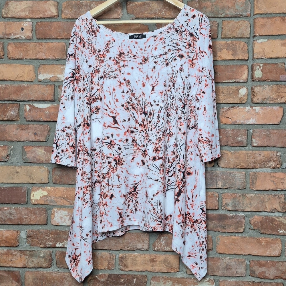 LBISSE Floral Blouse Size 2X Soft Stretch Asymmetrical Tunic Top